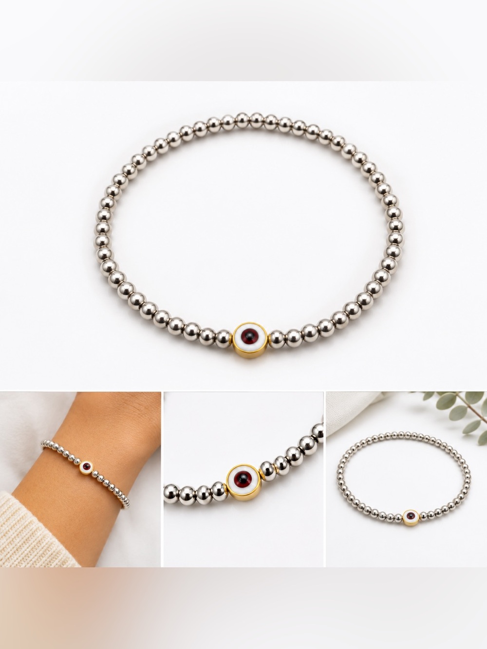 🧿💛Silver Beaded Bracelet with Yellow Evil Eye Accent #73